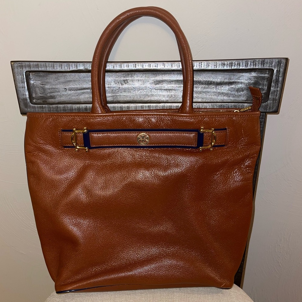 Tory Burch Blue & Brown Leather Tote.